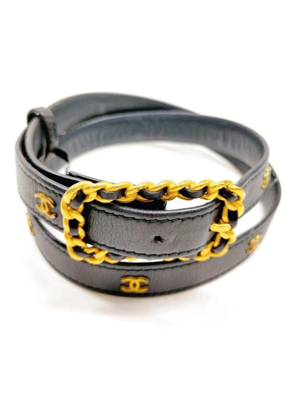 Authentic Chanel Chain Belt Black Leather Gold CC Logo Waist Belt Vintage Luxury - Picture 2 of 10